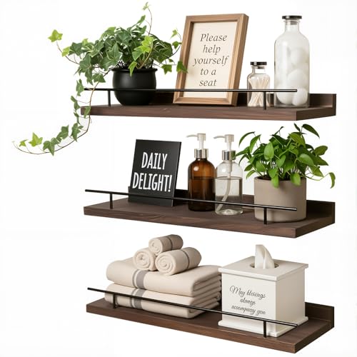 Floating Shelves Set of 3, 15.74 inches Rustic Wood Wall Shelves for Bathroom，Bedroom, Living Room, Kitchen & Book, Hanging Display Decor Organization Shelf with 22 lbs Capacity