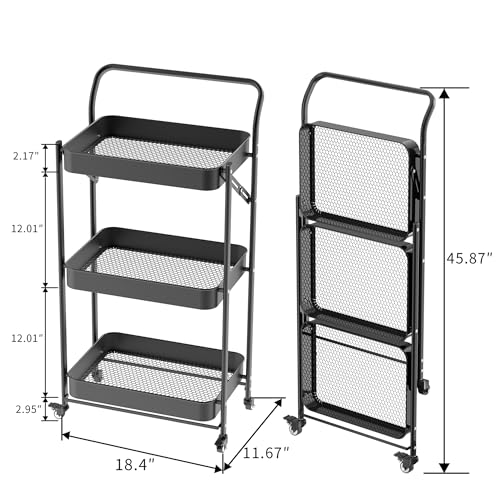 JAQ No Assembly Foldable Rolling Cart, 3 Tier Black Metal Folding Utility Cart with Handle, Heavy Duty Mobile Storage Organizer on Wheels for Office, Garage, Tools & Kitchen (Black) - color: Black/3-tier, size: No Assembly