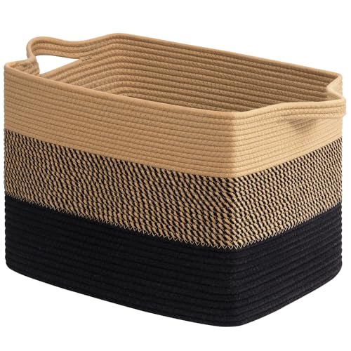 Goodpick Large Woven Basket 18" x 14" x 12" Cotton Rope Storage Baskets for Organizing, Rectangle Wicker Laundry Basket with Handles, Toy Baskets for Kids, Black & Jute - color: Gradient Black, size: 18"L x 14"W x 12"H