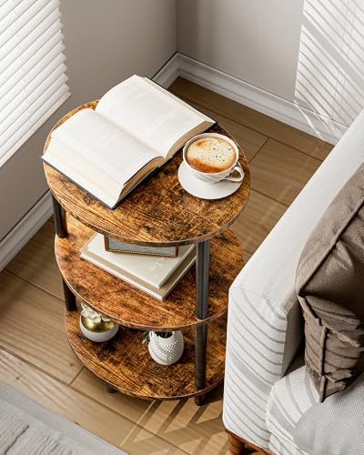 Round Small Side Table - 3 Tier Oval Accent Table for Small Spaces, Rustic Wood and Metal Couch End Table, Nightstand for Bedroom or End Table Living Room, Easy to Assemble, Rustic Brown - color: Rustic Brown, size: 1-Pack, style: Without Power Outlets