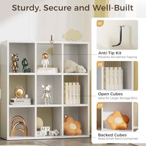 COMHOMA 9 Wood Cube Storage Organizer with Open Back and Removable Back Panels, 11In White Cube Storage Bookshelf, Cubicle Shelf Bookcase for Home Office Bedroom Living Room, Vertical or Horizontal - color: 9 Cube White