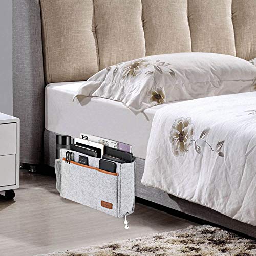 Bedside Caddy, Felt Bed Storage Organizer Hanging Bag Holder with 5 Pockets, Magazine Book Phone Tablet iPad Cables Remote and Water Bottle Holder for Home Dorm Bed Sofa, Light Gray - color: Light Gray