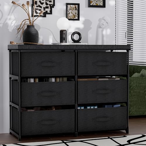 PPN Dresser with 6 Fabric Drawer Stand Desktop Sturdy Metal Plastic Support Tube Cube Storage Cabinet for Living Room, Bedroom Organization Dorm Front Hall Entryway Black