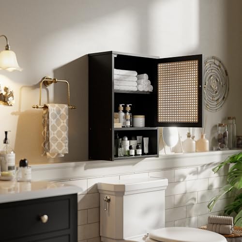Bathroom Wall Cabinet, Bamboo Over-The-Toilet Storage Organizer with Rattan Doors and Adjustable Shelf, Space Saver Medicine Cabinet for Laundry, Kitchen, Living Room (Black) - color: Black