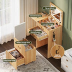 FURSUN 3-in-1 Vanity with Flip Mirror & Lights, Fluted Compact Vanity Table with 3 Drawers, Storage Compartment and Rolling Stool, Modern Small Makeup Vanity for Bedroom, Powder Room, Natural Oak - size: 15.7"D x 18.2"W x 46.9"H, style: Natural Oak