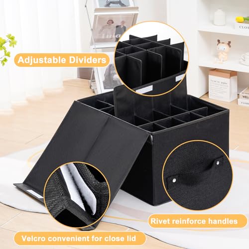 Shoe Organizer for Closet, Foldable Shoe Storage Box with Adjustable Dividers, Large Space Saving Shoe Storage Container Fits up to 16 Pairs with Reinforced Handles (Black) - color: Black