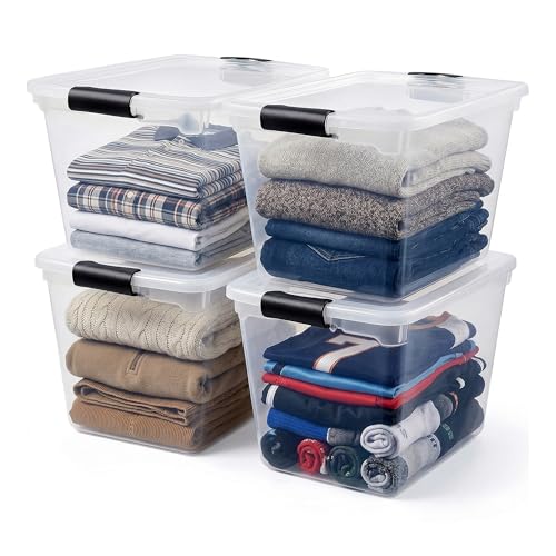 HOMZ 4-Pack 31 Quart Latching Lid, Clear Plastic Storage Organizer Bins, Gray – Stackable Containers for Home & Office Shelves, Kitchen, Garage, and Bathroom Organization - color: Gray, size: 31 QT (4 Pack)