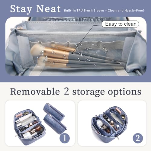 BOYATU Travel Makeup Bag Cosmetic Bags for Women: 3 Pcs Set Large Capacity Make up Bag with Handle - Crocodile Pattern Vegan Leather Toiletry Bags Travel Essentials with Compartments(E-3-Blue) - color: E-3-Blue