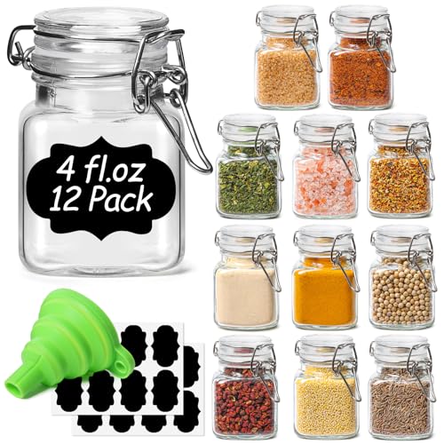 ComSaf Set of 12 Square Glass Spice Jars with Airtight Lids (4 Oz), Mini Favor Jars with Wire Clamp for Honey, Herbs & Farmhouse Kitchen Pantry Organization, with Funnel & Labels - size: 4oz*12