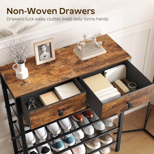 YATINEY 5 Tier Shoe Rack, Large Capacity Shoe Storage Organizer, Metal Shoe Shelf with Drawer and Wooden Top, for 20 Pairs of Shoes, for Entryway, Closet, Rustic Brown and Black SS25BRY1N1 - color: Rustic Brown + Black, size: 27.7" x 10.8" x 37.7"