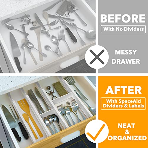 SpaceAid Bamboo Drawer Dividers with Inserts and Labels, Kitchen Adjustable Drawer Organizers, Expandable Organization for Home, Office, Dressers, 4 Dividers with 9 Inserts (17"-22" White) - color: WHITE, size: 2.35''H, 17''-22''L, 4 Dividers
