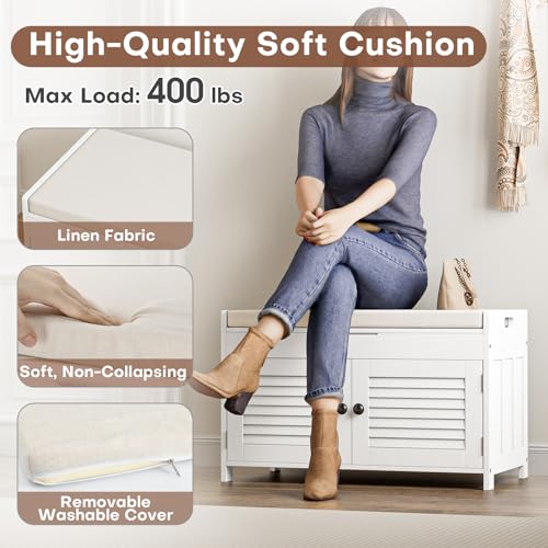 WARMHONIU Shoe Storage Bench with Lift Top Storage, Entryway Bench with Cushioned Seat, Adjustable Shelf, 2 Tier Shoe Rack with Doors for Entryway, Bedroom, Hallway, Mudroom, White - color: White, style: Lift Top Storage