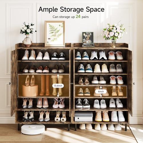 ComfyCorner Brown 7+1 Tier Farmhouse Shoe Storage Cabinet - 45" Tall Entryway Organizer with Cross Molding Doors, 3 Adjustable Shelves & Metal Legs, Shoe Rack for Front Door Entrance - color: Brown