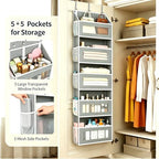 Simple Trending Over The Door Organizer, Hanging Shelves with 5 Large 5 Side Pockets, 44 lb Weight Behind Door Storage for Bedroom,Bathroom, Pantry, Nursery, Grey