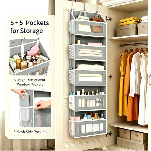 Simple Trending Over The Door Organizer, Hanging Shelves with 5 Large 5 Side Pockets, 44 lb Weight Behind Door Storage for Bedroom,Bathroom, Pantry, Nursery, Grey
