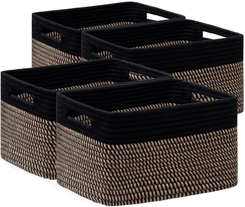 UBBCARE 4 Pack Storage Baskets for Organizing, Shelf Baskets with Handles, Woven Storage Baskets for Bookcase/Cube Shelf/Closet, 14.5"L x 9.8"W x 9"H, Black&Brown - color: Black&Brown, size: 4 Pack-14.5"(L)×9.8"(W)x9"(H)