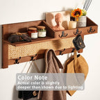 Coat Rack Wall Mount with Hooks & Shelf - Wooden Entryway Organizer for Hanging Coats, Keys, Hangers - Space Saving Durable Wood Holder for Hallway, Bedroom, Office-The Rattan Model