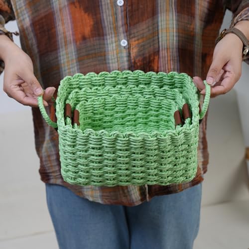Small baskets for Organizing,Cute woven Storage basket with recycled paper rope for Shelves Bathroom,Little decorative basket,Set of 3 (Light Green) - color: Light Green