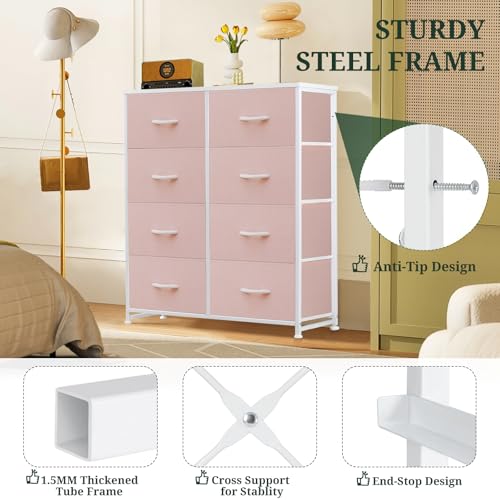 8-Drawer Dresser for Bedroom, Anti-Tip Tall Storage Organizer Chest of Drawers with Wooden Top and Metal Frame Fabric Bins for Closet, Living Room, Hallway, Entryway, Pink - color: Pink, size: 11.8"D x 31.4"W x 36.3"H (8 Drawers)