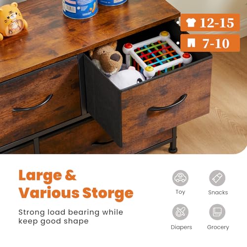 Sweetcrispy Dresser for Bedroom with 5 Storage Drawers, Fabric Storage Tower Organizer, Chest of Drawers with Metal Frame Wooden Top for Closet, Living Room, Entryway, Rust Brown - color: Brown, size: 39.4"D x 11.8"W x 20.9"H (5 Drawers)
