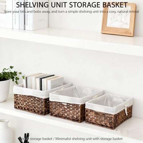 Water Hyacinth Storage Baskets Set of 3 with Metal Frame & Removable Liner, Large Medium Small Rectangular Woven Organizer Bins for Closet, Bedroom, Bathroom, Kitchen, Home Organization - size: Set of 3