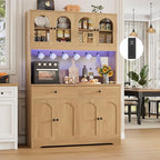 HIFIT 71" LED Kitchen Pantry Cabinet with Power Outlet, Large Kitchen Hutch Storage Cabinet with Arched Door & Shelves & 2 Drawers, Tall Modern Coffee Bar w/Hutch for Home Dining Living Room, Natural - color: Natural