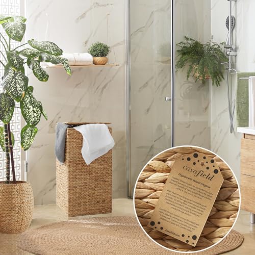 Casafield Laundry Hamper with Lid and Removable Liner Bag - Natural, Woven Water Hyacinth Square Laundry Basket Sorter for Clothes and Towels - color: Natural