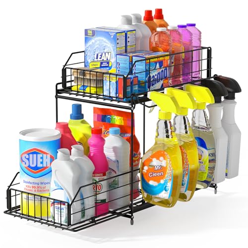 SUEH DESIGN Under Sink Organizer, 2 Tier Bathroom Cabinet Organizer Metal Kitchen Sink Organzier with Hanging Rail for Kitchen Bathroom Organization and Storage, 1 Pack - size: 10.3"W x 15.6"H Wider 1 Pack
