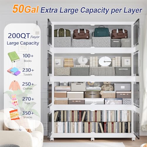 250Gal Extra Large Stackable Storage Bins with Lid (5-Pack), 1000QT Foldable Organizer with Clear Magnetic Doors & Wheels, Plastic Cabinet for Bedroom, Garage, Dorm, Closet, Home, Kitchen