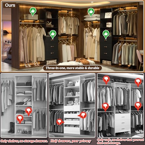 iSunirm 8FT Closet System, 96'' Closet Organizer System with 3 Hanging Rods, Wall Mount Bedroom Wardrobe with 3 Drawers Walk-in Closet, Adjustable Cloth Garment Rack from 5 to 8FT (Cut to Fit), Black - color: Black