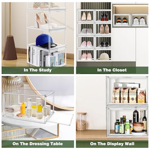 2 Pack Drop Front Acrylic Shoe Boxes with Magnetic Door Fit US Size 12, Clear Stackable Shoe Organizer for Closet, Entryway, Underbed, Multiple Display Cases for Hats, Figures, Sneakers - size: Medium Size 12