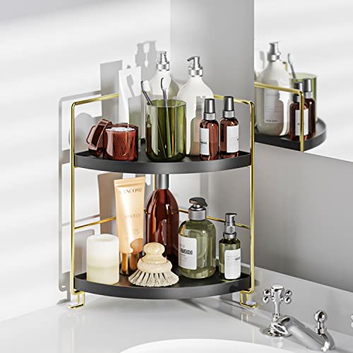 2-Tier Bathroom Corner Counter Organizer, Makeup Storage Shelf Vanity Tray, Bathroom Sink Countertop Organizer, Black - color: Black