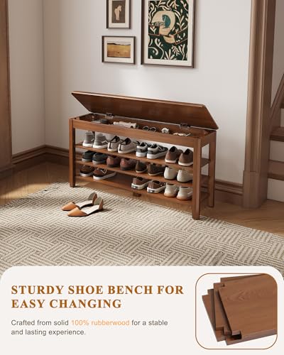 IUNVR Shoe Rack Bench Seat Rubberwood 3-Tier Wooden Storage Bench 550lbs Compact Mid-Century Modern Design for Entryway, Hallway, Closet, Front Door Entrance, Foyer - color: Walnut-3 Tier(wood), size: 39.4"W x 11.8"D x 20.5"H