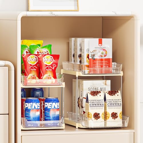 Delamu 2-Tier Multi-Purpose Bathroom Under Sink Organizers and Storage, Stackable Kitchen Pantry Organization, Pull Out Medicine Cabinet Organizer with Movable Dividers, Beige, 2 Pack - color: Beige, size: 2 Pack