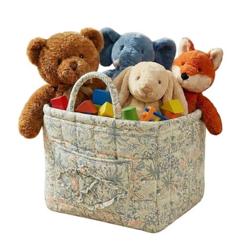 Quilted Fabric Basket Foldable Car Storage Boho Floral Laundry Basket Hamper for Nursery Bedroom & Living Room | Organize Clothes Toys - color: Green Garden