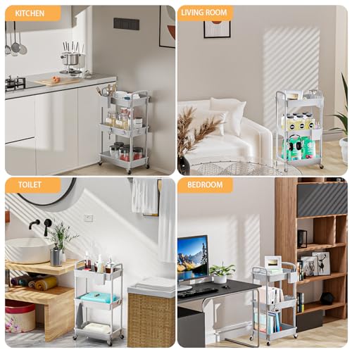 3 Tier Rolling Utility Cart with Handle,REBECAT Utility Cart Made of Multifunctional Storage Organizer Tool for Kitchen,Bathroom,Living Room,Office(Gray) - color: Gery