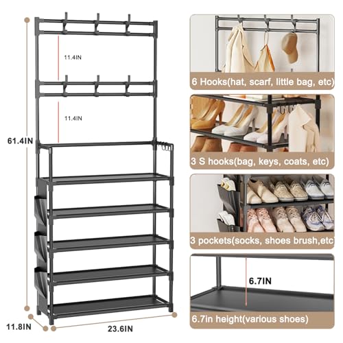 OYREL Shoe Rack 5 Tier Shoe Organizer Storage 15-20 Pairs Shoes Rack for Closet Entrance Shoe Rack Organizer with Hooks and Side Pocket Entryway Shoe Holder Space Saving Free Standing Shoe Racks - color: Black, size: 5 Tier (23.6"Wx 61.4"H)