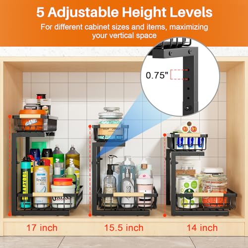REALINN Under Sink Organizer, 2 Pack Height Adjustable Under Sink Organizers and Storage, 2 Tier Pull Out Drawer Cabinet Storage for Kitchen Bathroom - color: Black, size: 2 Pack