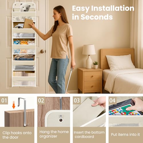 Space Saving Over The Door Organizer,5 Shelves & 8 Side Pockets,Anti Tilt Hanging Behind Door Storage,Heavy-Duty Reinforced Mesh Rack Holds 44lb for Bathroom,Pantry, Nursery,Closet, Shoes, Towels - color: Ivory White, size: 5 shelf