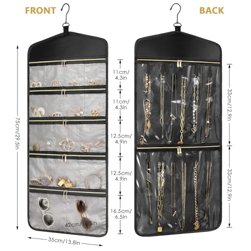 CHICECO Travel Jewelry Holder Organizer,Hanging Jewelry Organizer Storage with Zippered Pockets for Cloest,Jewelry Holder for Earrings, Necklaces (Grey Black) - color: Grey Black