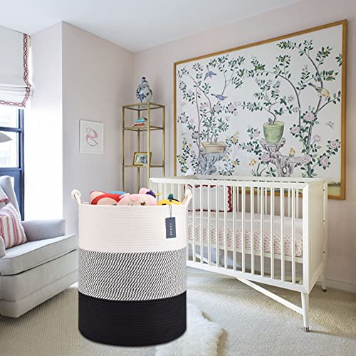 COMSE Extra Large Blanket Basket, Tall Woven Storage Basket, Nursery Hamper, 15.7”x 21.7”, Cotton Rope Laundry Hamper for Toys Clothes Towels, White/Gray/Black - color: White & Gray & Black