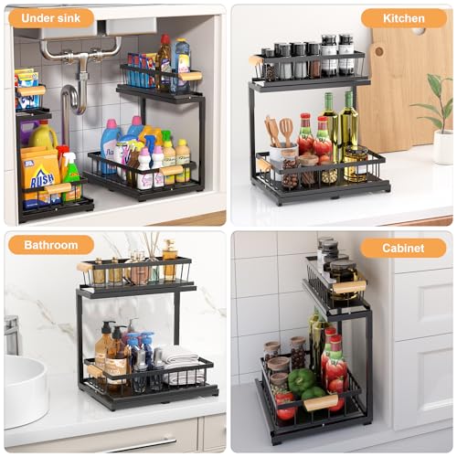 Under Sink Organizer 2 Tier, Pull Out Drawer Slides Under Sink Storage for Bathroom Kitchen,Multi-Purpose Drawer Under Cabinet Organizer for Cleaning Supplies (Black, Large-1 Pack) - color: Black, size: Large-1 Pack