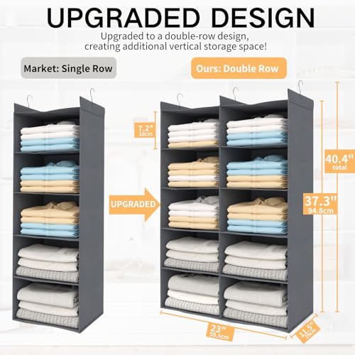 ALLTIDYUP Grey 5-Tier Hanging Closet Storage Organizer - Space-Saving Dual-Row Foldable Shelves with 3 Hooks, Wardrobe Organizer for Dorm, Bedroom, Clothes and Accessories - color: Grey, size: 5 Tier