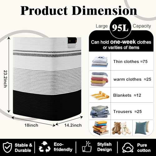 Laundry Hamper, 95L Tall Laundry Basket with Leather Handles, Rectangle Large Clothes Hamper for Organizing, Cotton Woven Laundry Baskets Storage Hampers for Bedroom, Nursery, Living Room - color: Black, size: 95L