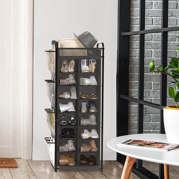 Simple Houseware 16 Cube Shoe Stand Tower Rack 8 Tier with Top Shelf and Side Hanging Pockets, Dark Gray - color: Dark Gray