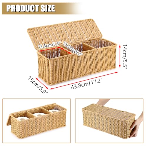 Sumnacon Wicker Storage Basket with Lid, Rectangular Narrow Baskets for Bathroom, Farmhouse Imitation Rattan Bin with Dividers, Decorative Handwoven Tray Organizer for Countertop Shelves Toilet Tank - color: Yellow