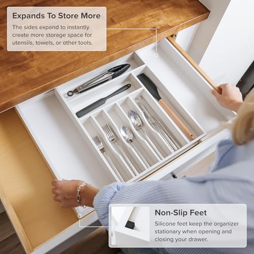 KitchenEdge Premium Silverware, Flatware and Utensil Organizer for Kitchen Drawers, Food-Safe Contract Grade, Expandable from 14.5 to 25 In, White Bamboo - color: White Bamboo, size: From 14.5" to 25" wide
