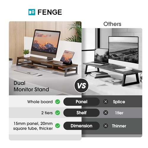 Fenge Dual Monitor Stand for Desk, 42.5in Large Monitor Riser for 2 Monitors, 2 Tier Computer Office Desk Top Shelf, Desktop Storage Stand for Laptop, PC, Computer, Printer - color: Brwon