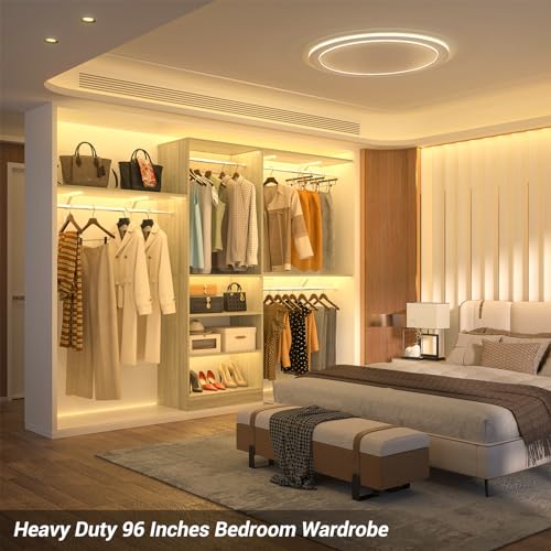iSunirm 8FT Closet System with Shelves, 96'' Closet Organizer System with 3 Hanging Rods, Wall Mount Bedroom Wardrobe Walk-in Closet, Adjustable Cloth Garment Rack from 5 to 8FT(Cut to Fit), White Oak - color: White Oak