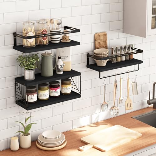 Fixwal 3+1 Tier Wall Mounted Bathroom Shelves Over Toilet, Rustic Wood Floating Shelves with Metal Frame and Towel Bar for Bathroom, Kitchen, Bedroom, Living Room (Black) - color: 5-black